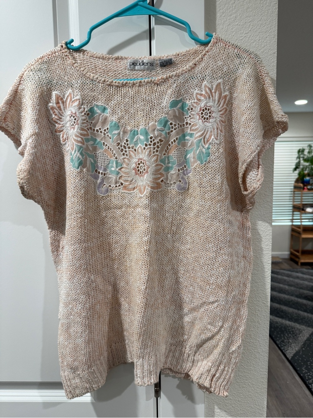 Vintage 1980’s- Peddlers Crochet-Appliqué Knit Top in Soft Peach w/Floral Design